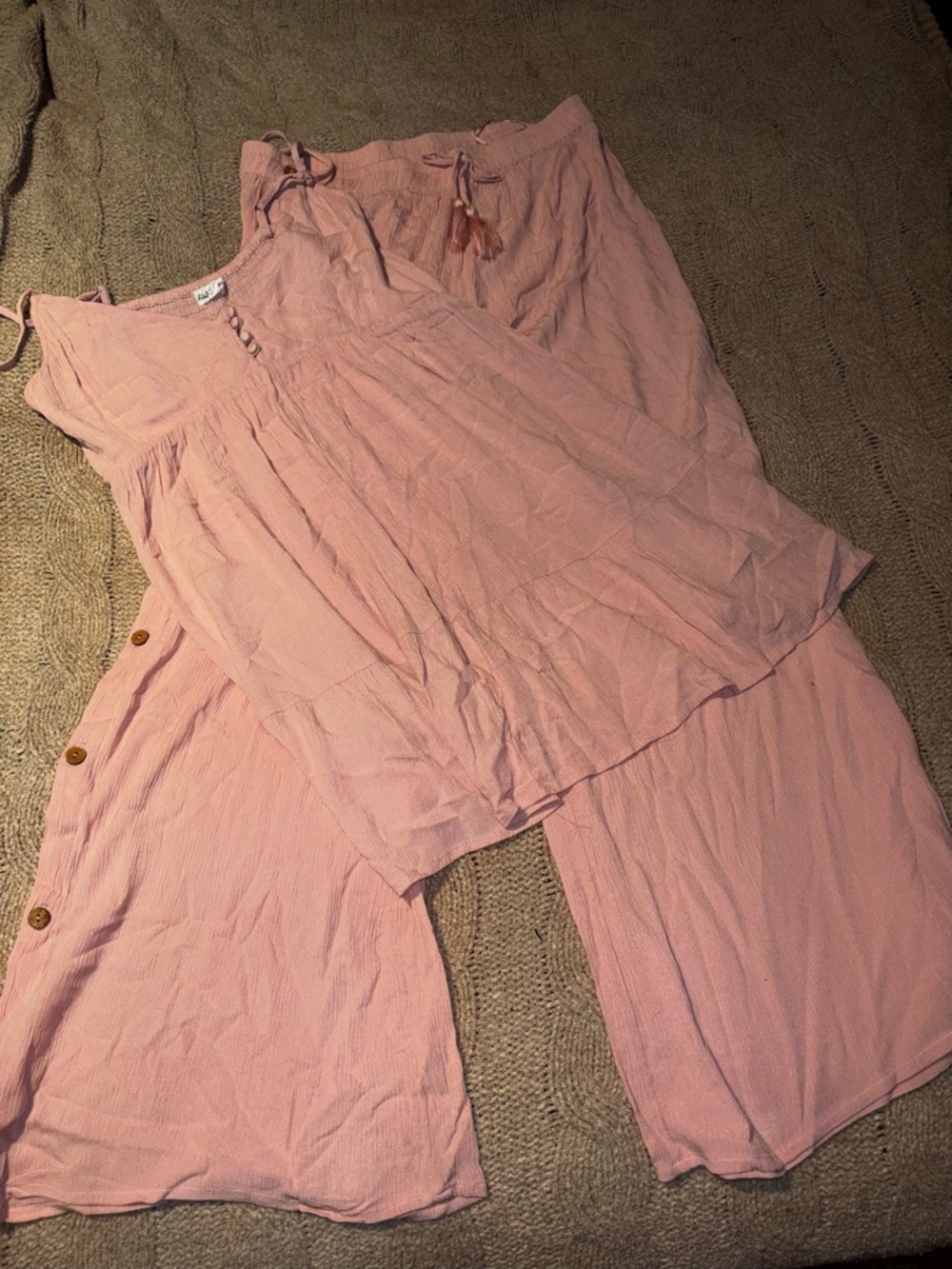 Kiwi + Punch Dusty Pink Crinkle Cami Top & Wide Leg Pants Set Size L Loungewear